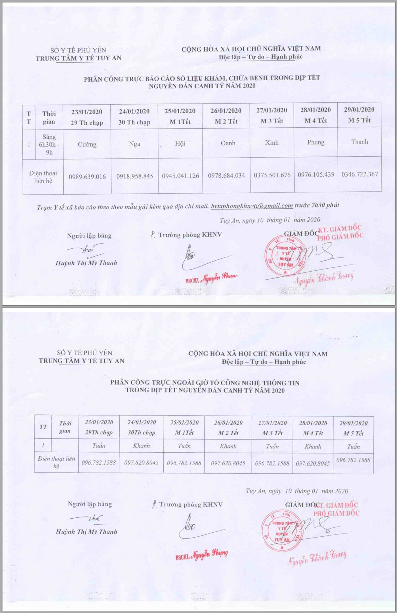 Lịch Trực báo cáo nhanh và trực CNTT trong dịp Tết Canh Tý 2020